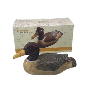 VINTAGE Decorative Solid Wooden Duck Decoy Glass Eyes Mallard 11.5 inches w/ box